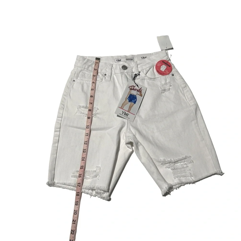 YMI Women's High‎ Rise White Distress Denim Shorts 